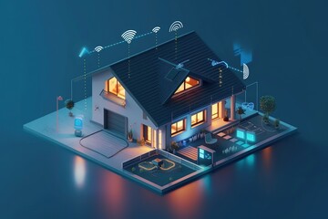 Smart home hi tech, mechanical technology of interface with 3d plan spaceand internet of things or IOT connected objects. Control safety and automation of smart house. 