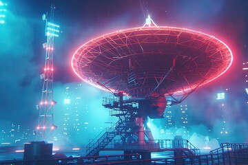 Time lapse 3D animation of a giant satellite dish antenna moving to capture radio signals. Concept of communication, information and scientific research.