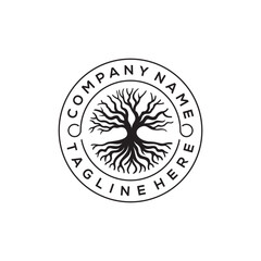 branch tree root banyan stamp seal emblem label logo design vector template