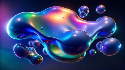 blob shapes fluid holographic effect dark background 3d liquid splash rainbow color gasoline spill bubble