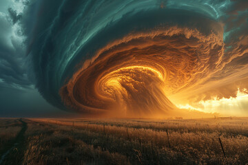 a grandiose storm front forming a giant vortex, similar to a tornado, illuminated by the setting sun.  