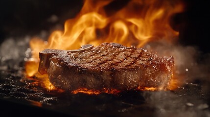 Fototapeta premium A sizzling steak on a grill, surrounded by flames and smoke.
