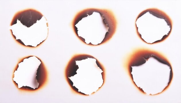 Burnt Paper Holes Pattern on White Background with Singed Edges, Circular Burn Marks, and Torn Areas Depicting Fire Damage, Creative Texture for Abstract Designs, Art Projects, and Conceptual Ideas