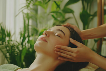 A young woman is getting a massage at a spa salon.