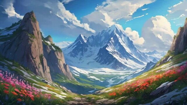 A sacred cave halfway up a majestic snow-capped mountain. The landscape is dotted with alpine flowers, and fluffy, Japanese anime-style 4k lofi hip-hop bites landscape music background animation video