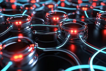 A 3D representation of a network formed by glowing red and silver nodes, interconnected by vibrant blue lines