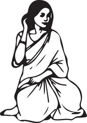 A woman sitting on the ground combing her hair, silhouette line art vector illustration on white background