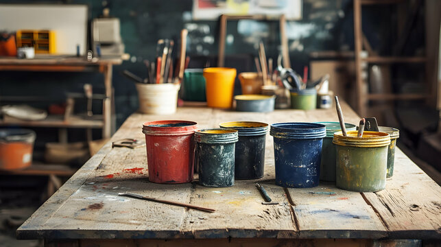 Creative DIY scene with a wooden table covered in paint buckets and tools for a home project -
