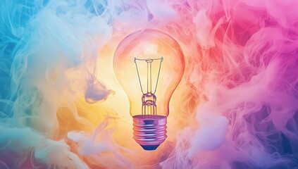 A bright light bulb surrounded by colorful, swirling smoke, representing the fusion of innovation and creativity in digital art