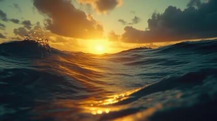 Obraz premium Ocean waves at sunset, golden light reflecting on water surface.