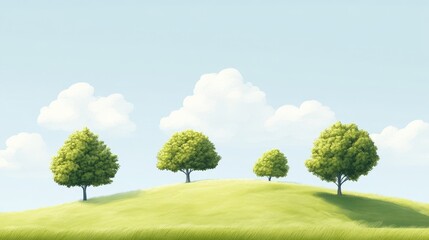 Fototapeta premium Tranquil Evergreen Trees on Grassy Hill - Cartoon Landscape Illustration Perfect for Banners and Text Placement