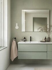 Fototapeta premium Modern Sage Green Bathroom Vanity With Minimalist Decor