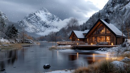 Fototapeta premium Tranquil Cabin Snowy Lake Escape