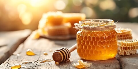 Jar of honey with honeycomb