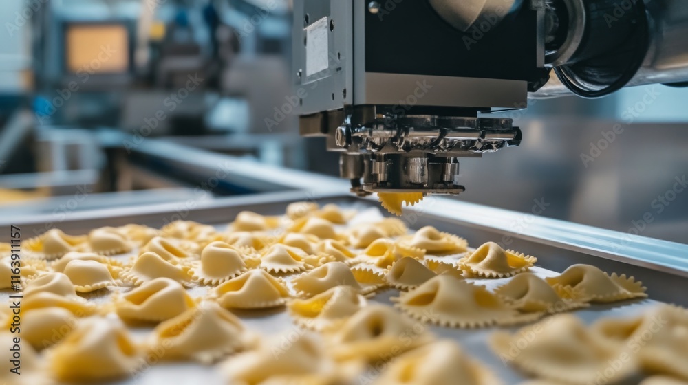 Poster advanced machinery operates in a food production facility, shaping ravioli dough with precision. the