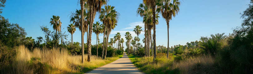 Obraz premium Cyclista??s path framed by tall palm trees on a bright day -
