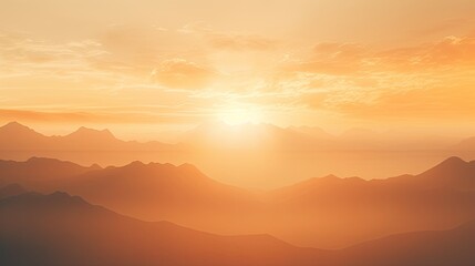 Fototapeta premium Mountain range with visible silhouettes through the morning colorful fog. Hazy mountain sunset. Panoramic view. Illustration for banner, poster, cover, brochure or presentation.