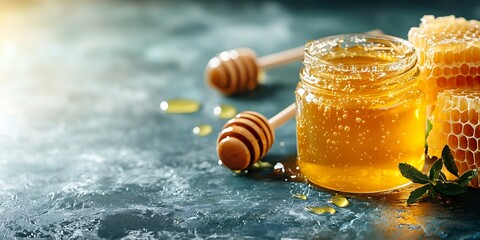 Jar of honey with honeycomb