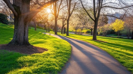 Obraz premium Morning Light on a Serene Suburban Walking Trail