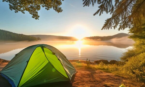 camping adventure tent in forest by lake