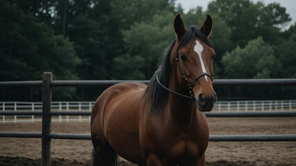 Naklejka premium Beautiful Brown Horse Portrait with Mane and Bridle – Equine Stallion on the Farm