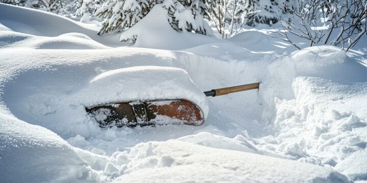 A snow shovel with a handle covered in snow, surrounded by piles of freshly shoveled snow.