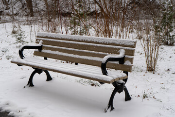 A solitary empty bench in a snowy park or forest, surrounded by peaceful winter scenery.