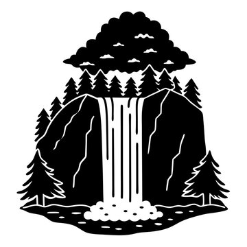 black waterfall landscape with trees and clouds clip art preview