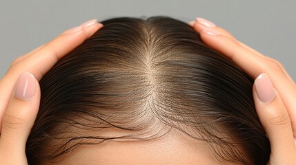 Naklejka premium Close-up of a person's scalp, hands gently holding hair, showcasing healthy strands and a clean parting, Ideal for beauty, hair care, and wellness marketing materials,