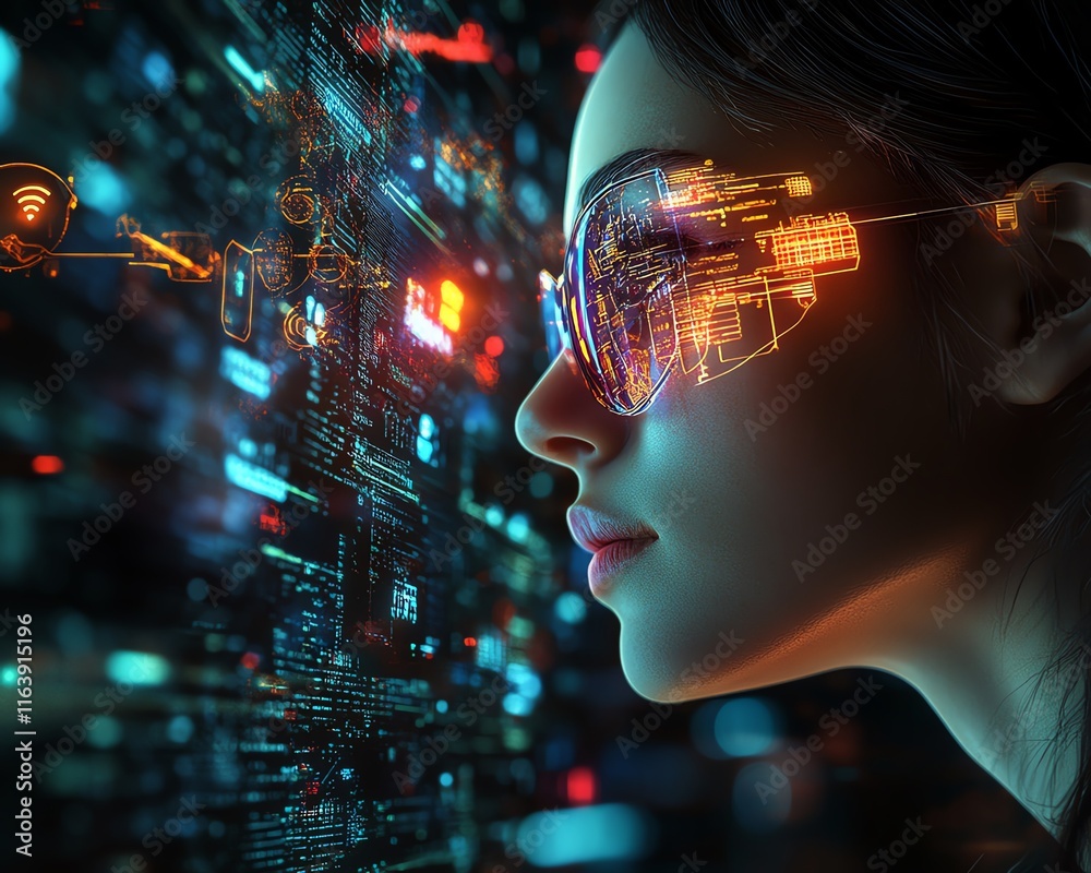 Poster digital woman operating a hightech virtual cloud storage interface, illuminated data and file icons 