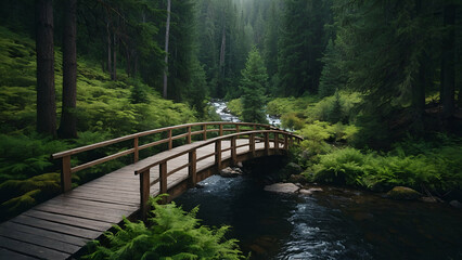 Wooden Bridge and Pathway Through a Forest Landscape with Lush Green Trees and River Views