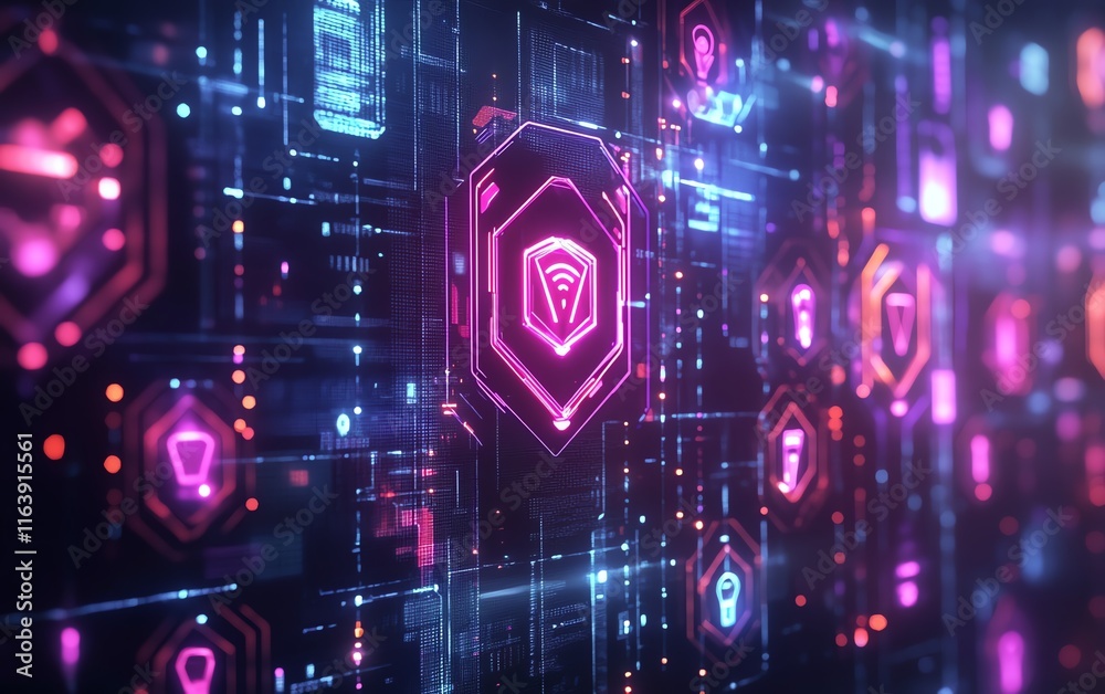 Poster futuristic secure cloud storage with holographic data protection symbols and glowing cybersecurity e