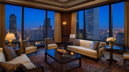 Fototapeta premium Luxury Penthouse Suite with Stunning Chicago Night Cityscape View