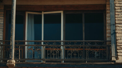 Vintage Wooden-Framed Windows on a Traditional European Stone Building Facade"