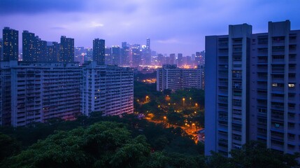 Fototapeta premium Twilight Cityscape: Hong Kong's Urban Skyline at Dusk