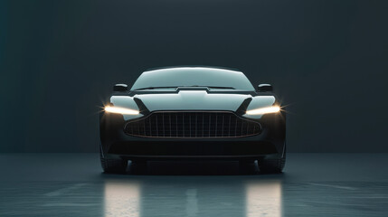 Front view of a modern luxury car with sleek design and clean lines, parked on a dark background. Automotive sophistication, premium branding, and contemporary elegance. Automotive advertising banner.