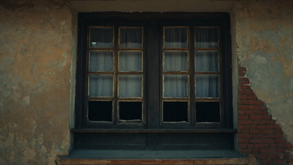 Vintage Wooden-Framed Windows on a Traditional European Stone Building Facade"