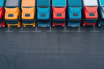 Logistic industry fleet of trucks parked at parking lot yard of delivery company truck transport freight transportation commercial truck for delivering goods from warehouse