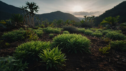 Lush Tropical Rainforest with Palm Trees, Ferns, and Vibrant Flora along a Rainy Path"