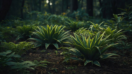 Lush Tropical Rainforest with Palm Trees, Ferns, and Vibrant Flora along a Rainy Path"