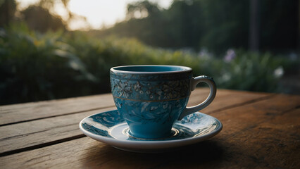 Ceramic Tea or Coffee Cup on Wooden Table: Isolated Mug and Breakfast Bowl in Kitchen Setting