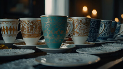 Ceramic Tea or Coffee Cup on Wooden Table: Isolated Mug and Breakfast Bowl in Kitchen Setting