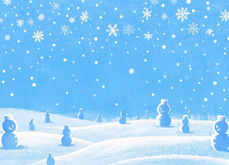 Snowman and Snow-Covered Trees on a Blue Background
