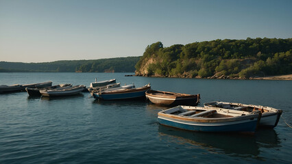"Wooden Fishing Boats Docked in a Serene Harbor with Ocean and Sky in a Summer Landscape"