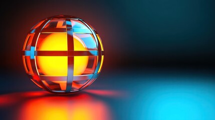Glowing sphere in metallic cage on dark background.