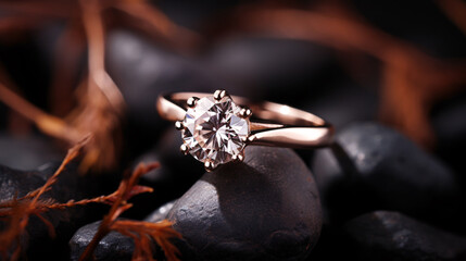 Obraz premium Stunning Engagement Ring with Brilliant Cut Diamond Set in Rose Gold Resting on Natural Stones Surrounded by Delicate Dried Leaves