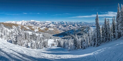 A snowy mountain landscape with trees covered in snow and a clear sky above.