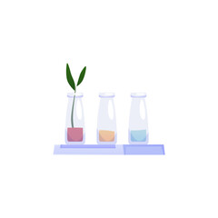 Illustration of a shelf with three flasks with different fillings, from which one plant sprouted.