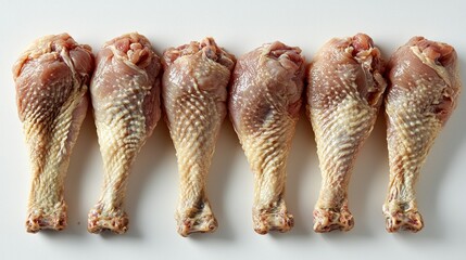 Obraz premium Raw chicken drumsticks arranged on a white surface.