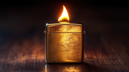 Gold lighter with flame on dark wooden surface.